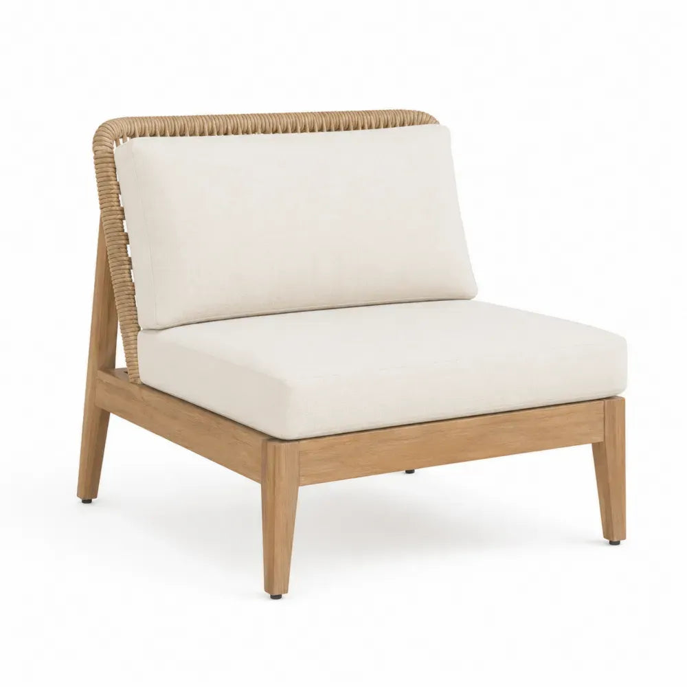 Silla lounge de exterior sin brazos con estructura de madera de acacia cuerda trenzada y cojines beige 70 x 75 x 78 cm