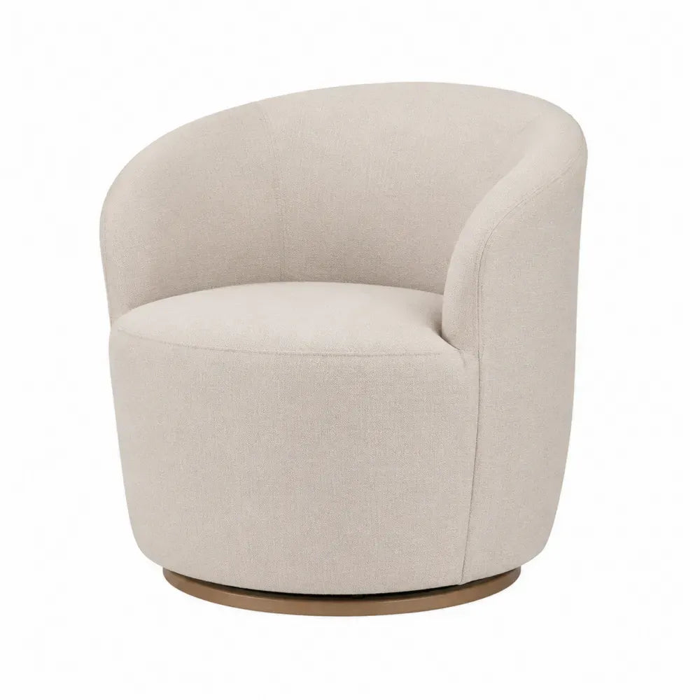 Sillón giratorio de salón tapizado en tejido bouclé beige con base redonda de madera diseño moderno