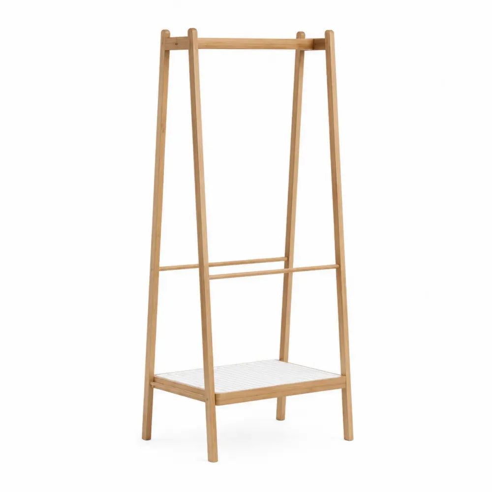 Perchero de pie tipo caballete de bambú natural con barra superior y estante inferior blanco 80 x 45 x 170 cm