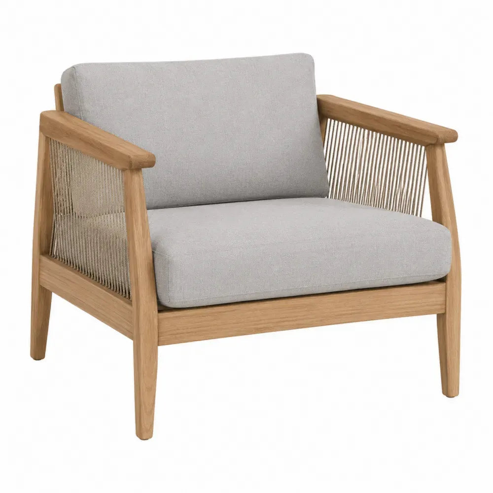 Silla de exterior de madera natural con cuerda lateral y cojín de poliéster gris claro 75 x 80 x 75 cm