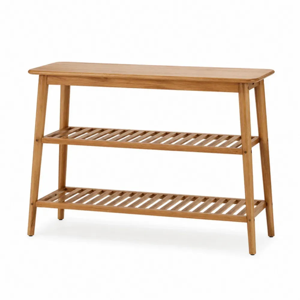 Mesa consola de salón de madera maciza con doble estante abierto 120 cm ancho 35 cm profundidad 80 cm alto Color madera natural