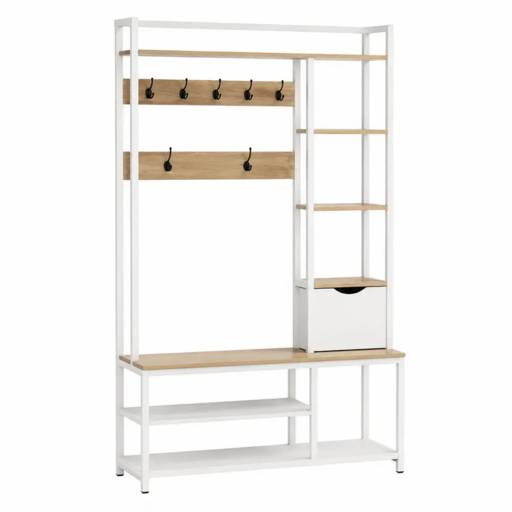 Perchero zapatero vertical de acero blanco con estantes cajón ganchos y paneles MDF madera natural 100 cm x 40 cm x 180 cm