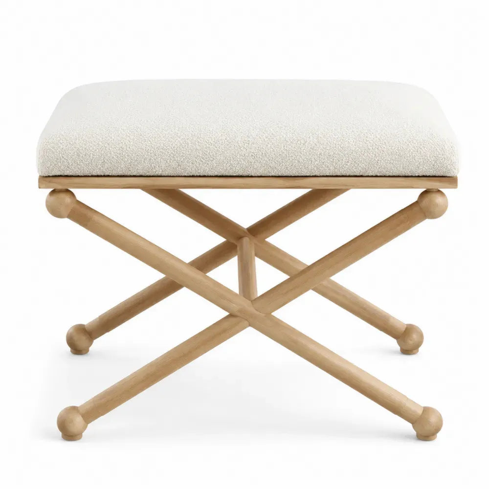 Banco reposapiés tapizado tejido bouclé beige con patas de madera maciza diseño en X 60 x 40 x 45 cm