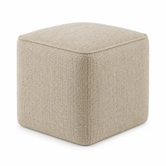 Reposapiés puf cubo tapizado tejido beige 45 cm ancho 45 cm fondo 45 cm alto estructura de madera contrachapada y espuma