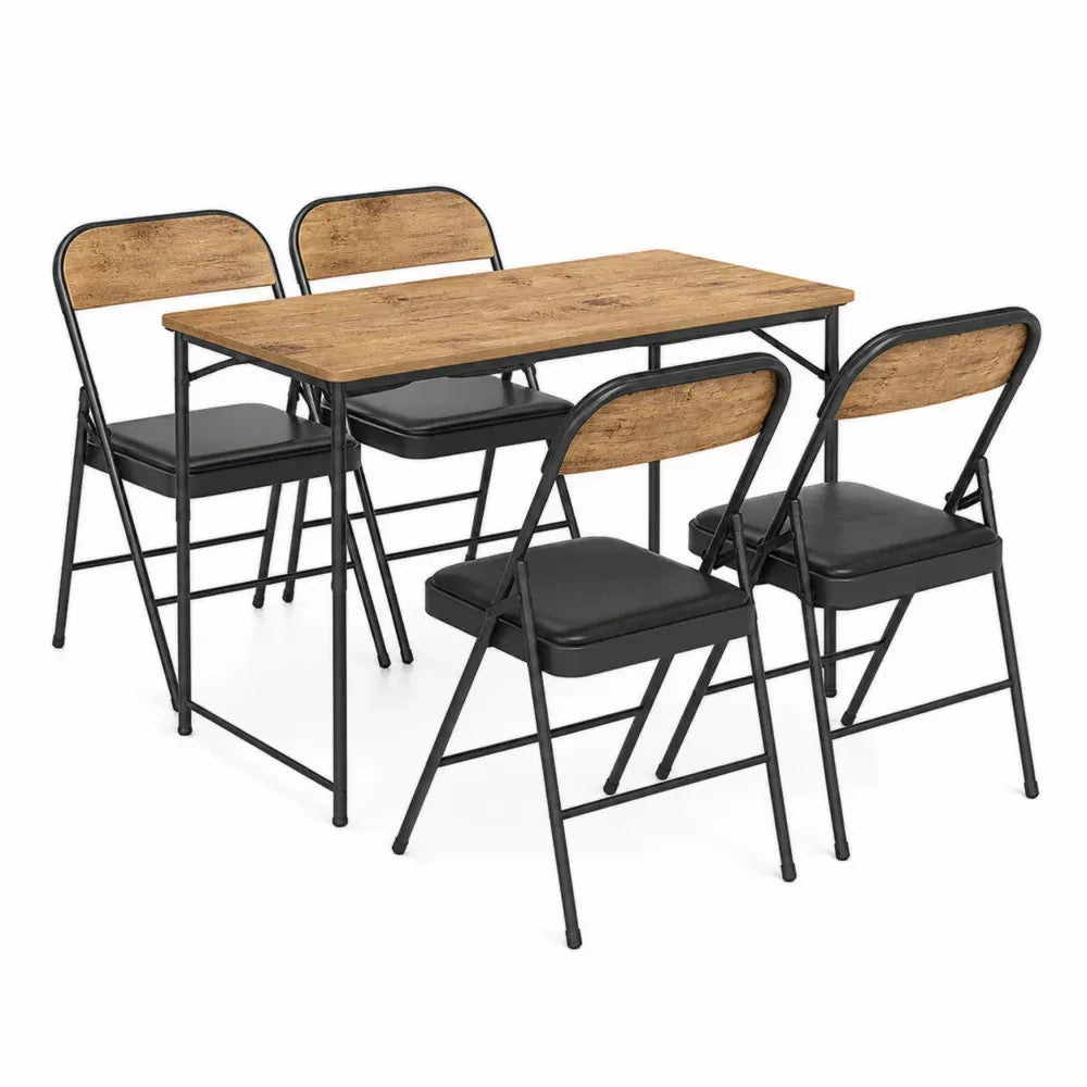 Conjunto de mesa de comedor rectangular 110 x 70 x 75 cm con 4 sillas plegables MDF efecto roble y acero negro