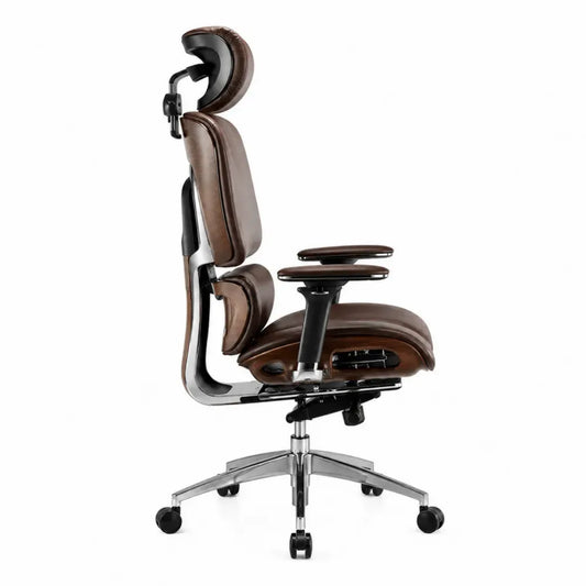Silla de oficina con respaldo alto reposacabezas respaldo reclinable reposabrazos ruedas PU marrón y base cromada 65 x 60 x 120-130 cm