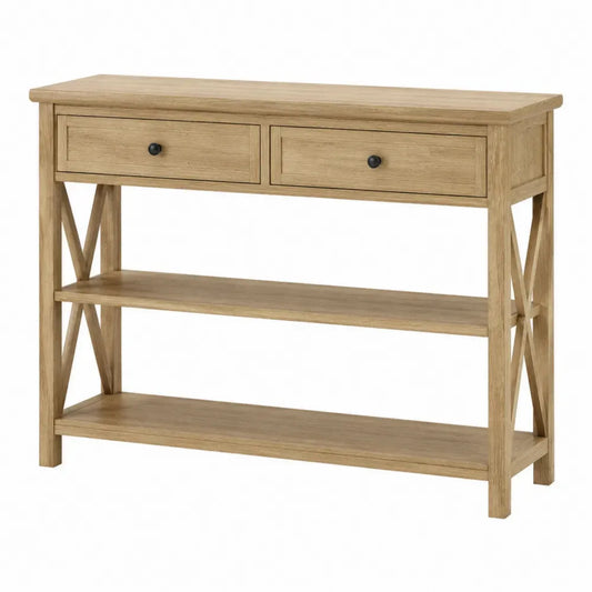 Mesa consola con 2 cajones y estante inferior madera MDF acabado roble natural 120 cm x 35 cm x 80 cm Color madera natural