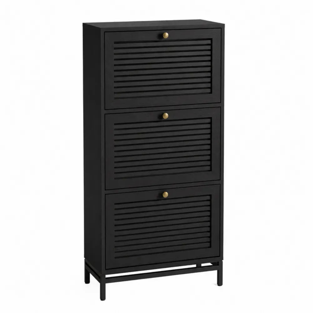 Zapatero vertical rectangular de MDF negro con 3 puertas abatibles de lamas patas de acero y tiradores dorados 60 cm x 30 cm x 120 cm