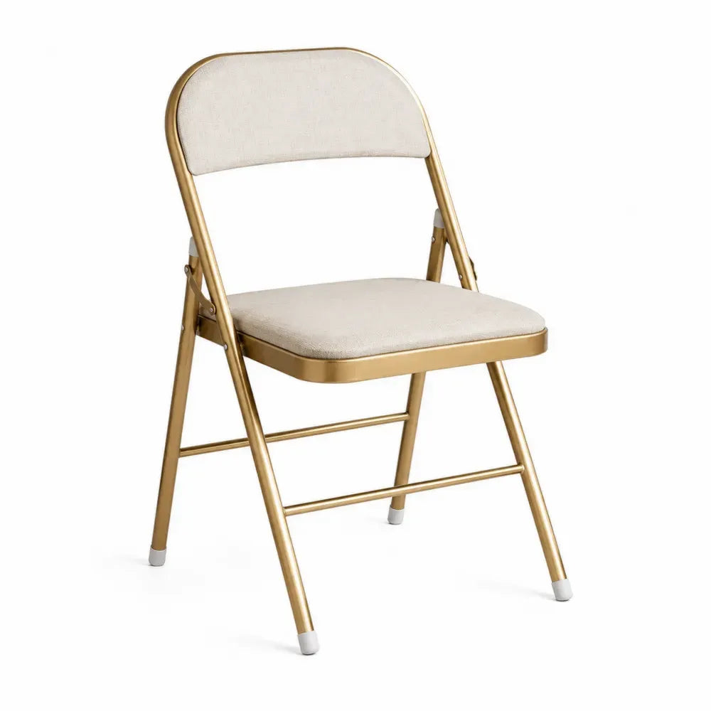 Silla de comedor plegable tapizada en tejido beige estructura metálica dorada sin dimensiones especificadas
