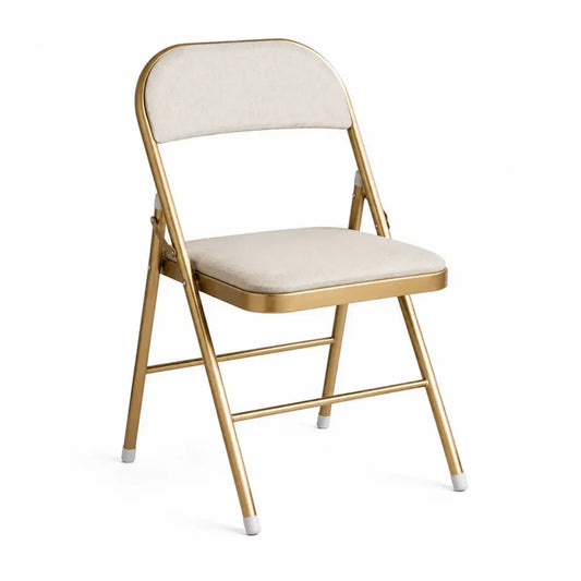 Silla de comedor plegable tapizada en tejido beige estructura metálica dorada sin dimensiones especificadas