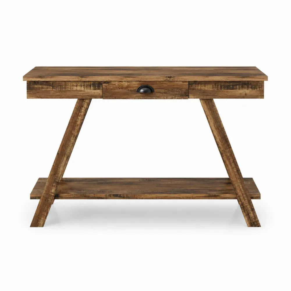 Mesa consola rectangular de MDF efecto madera marrón con cajón central y estante inferior 120 x 40 x 80 cm