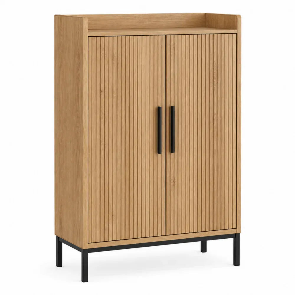 Armario zapatero de MDF con chapa de madera puertas de listones estructura de acero negro roble natural 100 cm x 35 cm x 120 cm