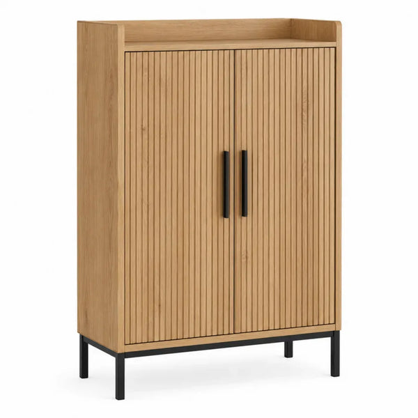 Armario zapatero de MDF con chapa de madera puertas de listones estructura de acero negro roble natural 100 cm x 35 cm x 120 cm
