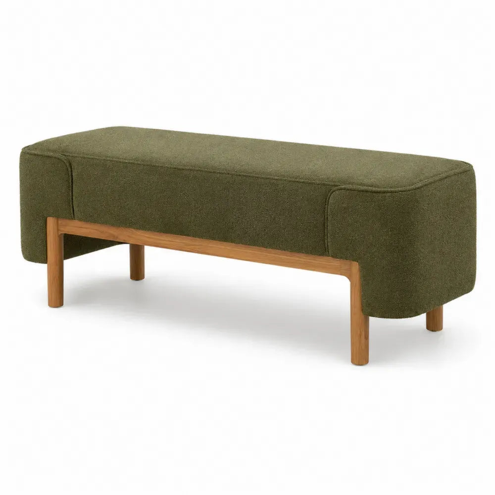 Banco reposapiés tapizado tejido de poliéster verde oliva con patas de madera maciza 120 x 40 x 45 cm