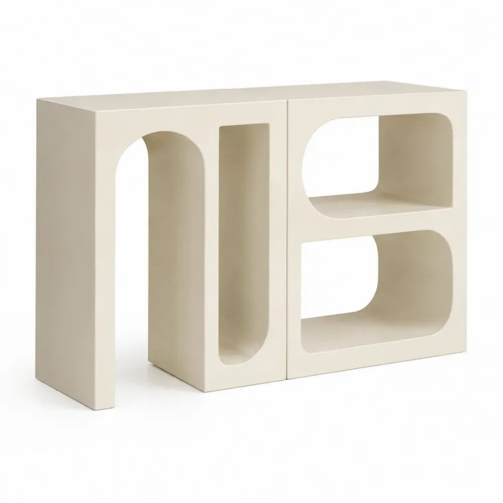 Mesa consola rectangular de MDF beige claro con estantes abiertos y diseño arqueado 120 x 30 x 80 cm