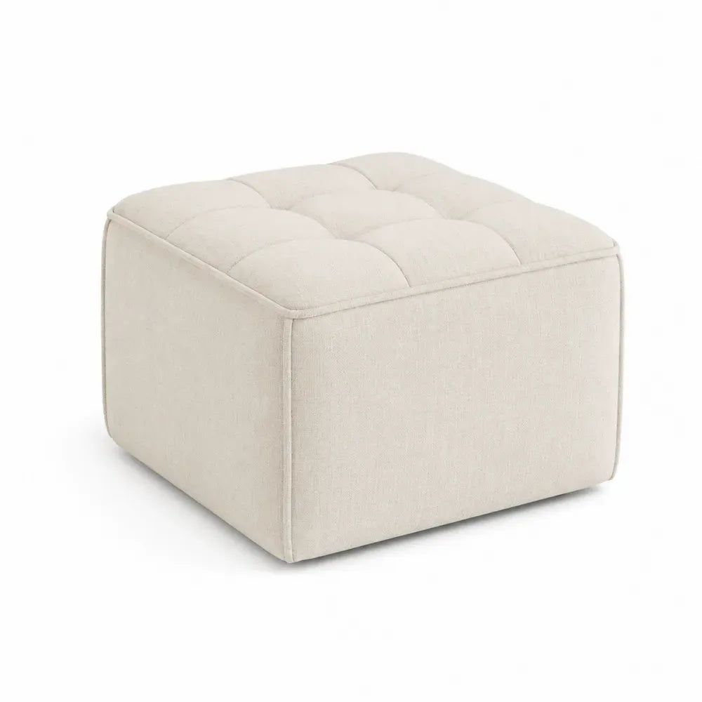 Reposapiés puf cuadrado tapizado en poliéster tipo lino beige claro con superficie capitoné 60 x 60 x 40 cm