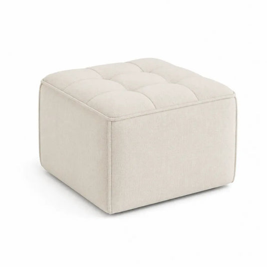Reposapiés puf cuadrado tapizado en poliéster tipo lino beige claro con superficie capitoné 60 x 60 x 40 cm