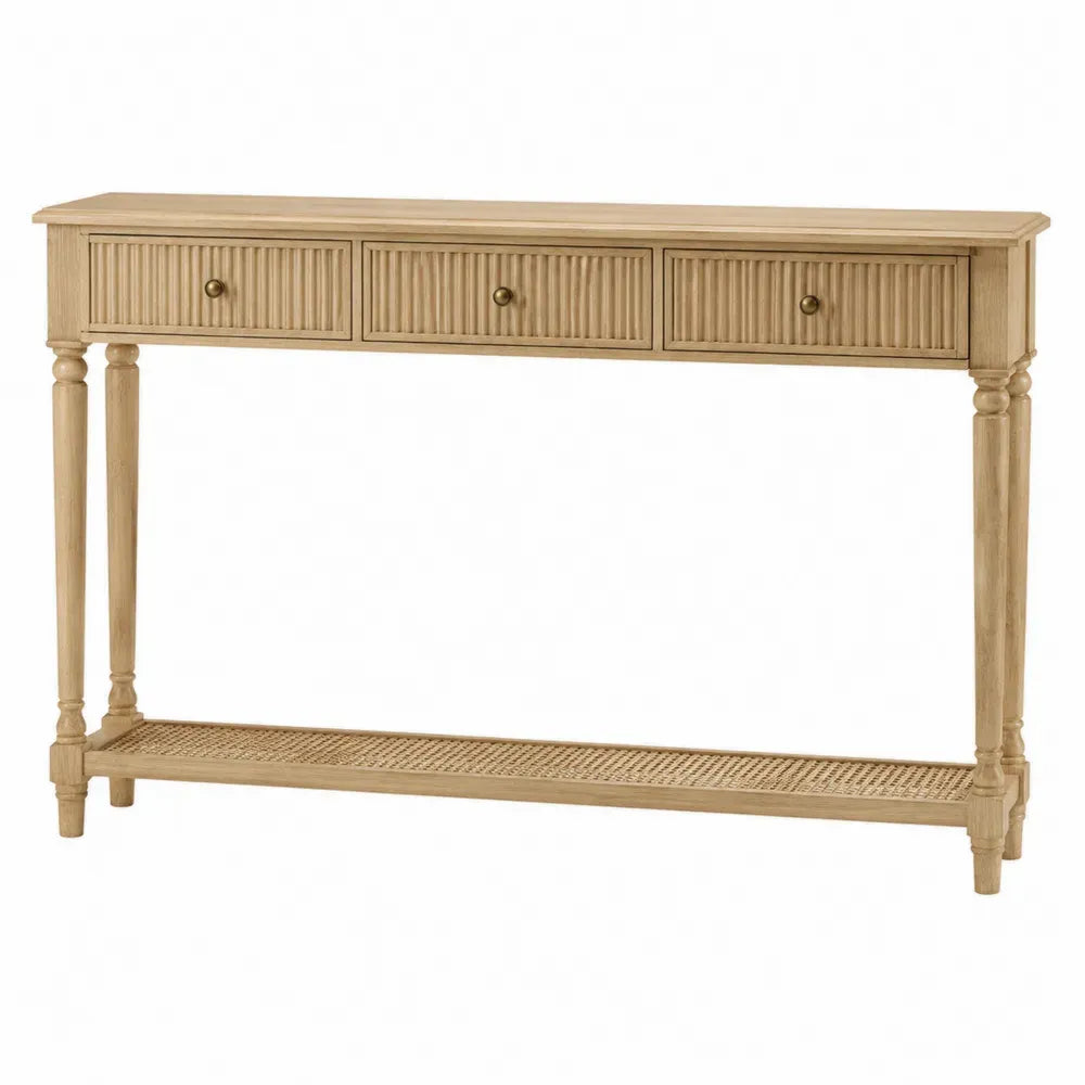 Mesa consola con 3 cajones y estante inferior de rejilla de ratán estructura MDF acabado madera natural 120 cm x 35 cm x 80 cm Color madera natural