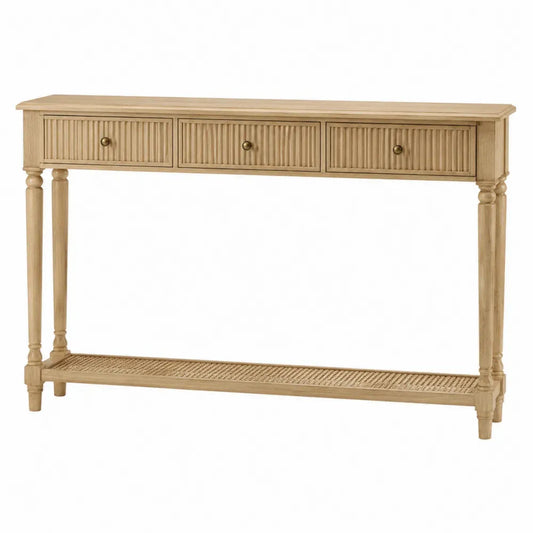 Mesa consola con 3 cajones y estante inferior de rejilla de ratán estructura MDF acabado madera natural 120 cm x 35 cm x 80 cm Color madera natural