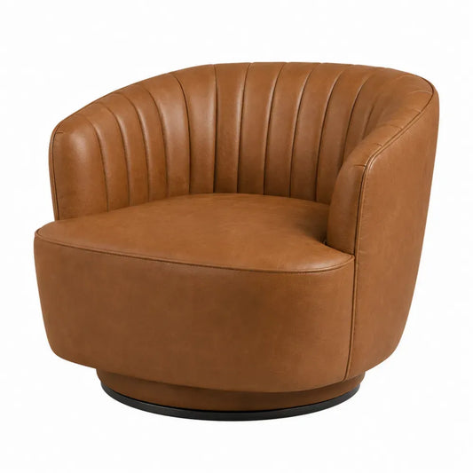 Sillón giratorio de salón tapizado en PU marrón con respaldo curvo acanalado y base circular negra 75 x 70 x 80 cm