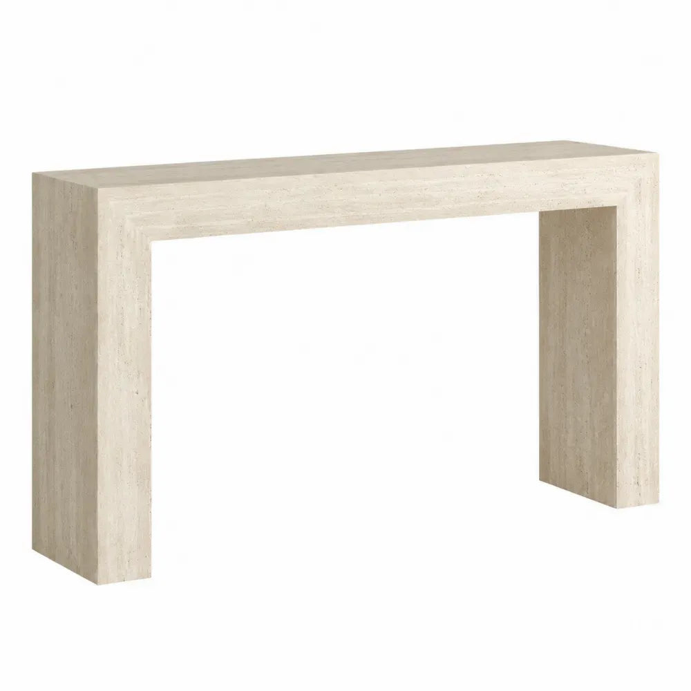 Mesa consola rectangular de MDF efecto piedra beige con estructura abierta tipo pórtico 120 x 40 x 80 cm