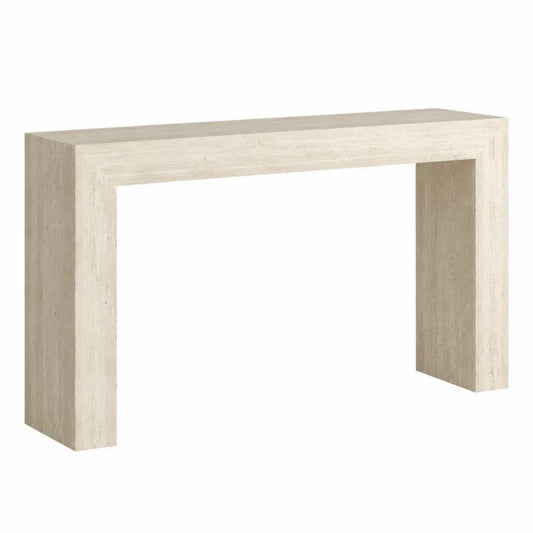 Mesa consola rectangular de MDF efecto piedra beige con estructura abierta tipo pórtico 120 x 40 x 80 cm