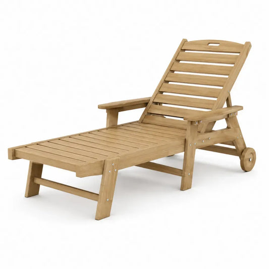 Tumbona de exterior reclinable de madera maciza de acacia con ruedas 190 cm x 60 cm x 30 cm Color madera natural