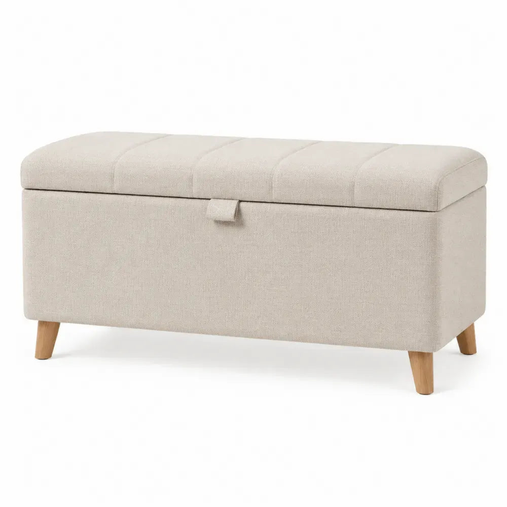 Banco puff reposapiés con almacenamiento tapizado tejido de poliéster beige con patas de madera 100 x 40 x 45 cm