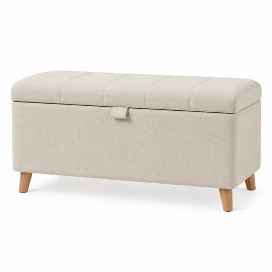 Banco puff reposapiés con almacenamiento tapizado tejido de poliéster beige con patas de madera 100 x 40 x 45 cm