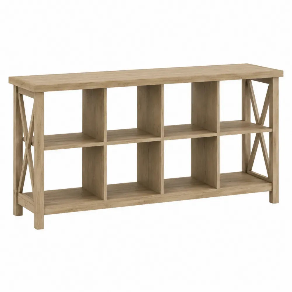 Mesa consola rectangular con estantes abiertos 8 compartimentos de MDF efecto roble natural 120 x 35 x 80 cm