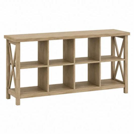 Mesa consola rectangular con estantes abiertos 8 compartimentos de MDF efecto roble natural 120 x 35 x 80 cm
