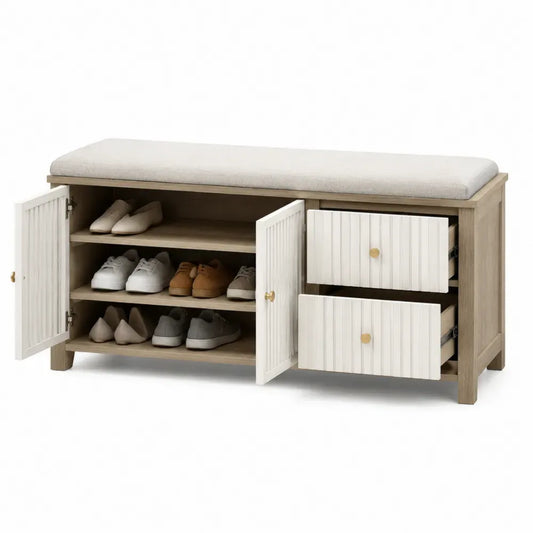 Banco zapatero rectangular con asiento acolchado de poliéster estructura de pino y MDF puertas acanaladas blanco madera natural y beige 120 x 35 x 50 cm