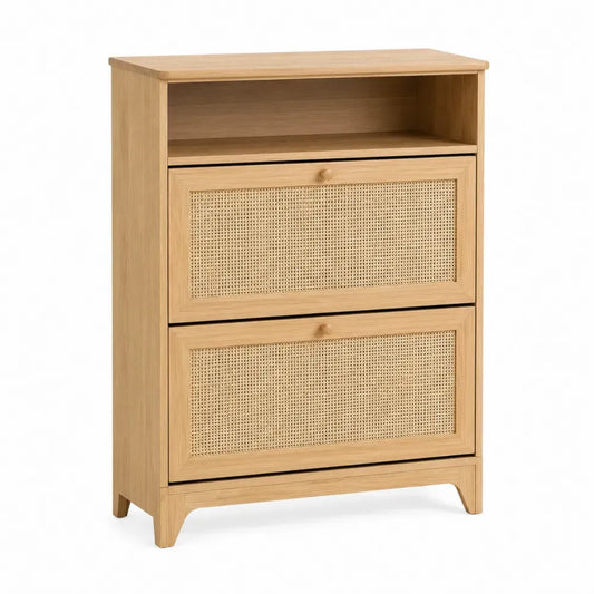 Zapatero de almacenamiento de MDF con frentes de ratán 2 compartimentos abatibles madera natural 100 cm x 32 cm x 90 cm