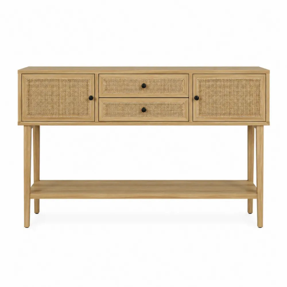 Mesa consola con 3 cajones y estante inferior rejilla de ratán estructura de madera acabado natural 120 cm x 40 cm x 80 cm Color madera natural