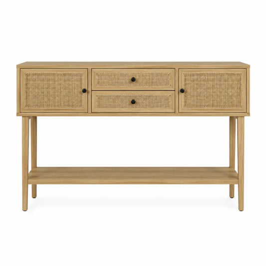 Mesa consola con 3 cajones y estante inferior rejilla de ratán estructura de madera acabado natural 120 cm x 40 cm x 80 cm Color madera natural