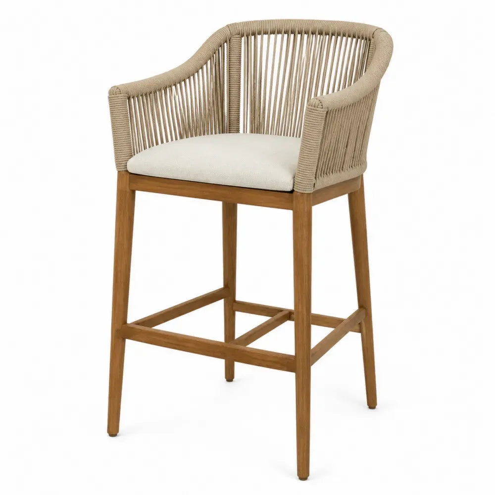 Silla taburete de exterior estilo bar con reposabrazos cuerda trenzada madera maciza cojín beige 55 x 55 x 95 cm