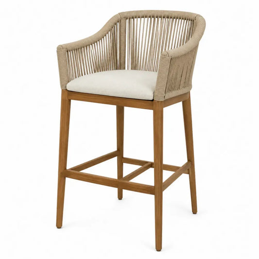 Silla taburete de exterior estilo bar con reposabrazos cuerda trenzada madera maciza cojín beige 55 x 55 x 95 cm