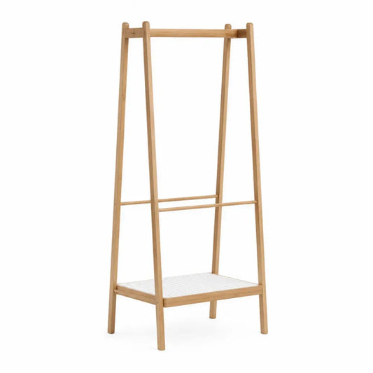 Perchero de pie tipo caballete de bambú natural con barra superior y estante inferior blanco 80 x 45 x 170 cm