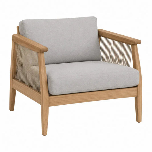 Silla de exterior de madera natural con cuerda lateral y cojín de poliéster gris claro 75 x 80 x 75 cm