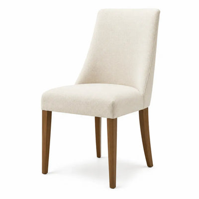Silla de comedor tapizada en tejido beige patas de madera maciza diseño fijo sin dimensiones especificadas