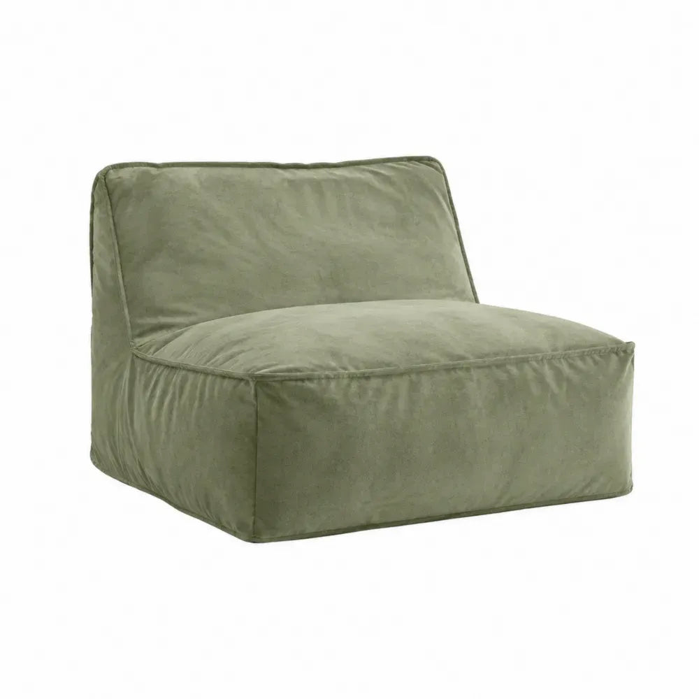 Silla tipo puf de salón asiento bajo tapizado en tejido verde con relleno de espuma de poliuretano sin estructura rígida