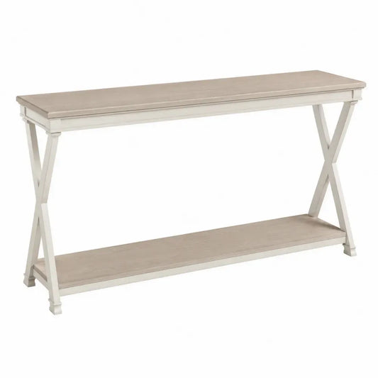 Mesa consola rectangular con estante inferior de MDF efecto madera clara y estructura lateral blanca en X 120 x 35 x 75 cm