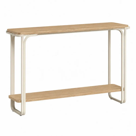 Mesa consola de salón con estante inferior madera MDF y estructura metálica Color crema y madera natural 120 cm x 35 cm x 80 cm