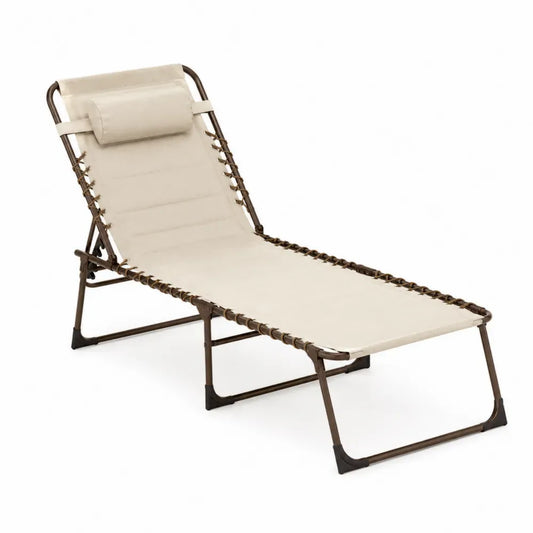 Tumbona de exterior reclinable y plegable con estructura de acero marrón tejido de poliéster recubierto beige y almohada 190 x 65 x 80 cm