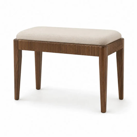 Banco reposapiés rectangular tapizado en poliéster tipo lino beige con estructura de madera de caucho marrón 90 x 45 x 48 cm