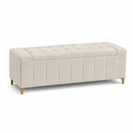 Banco reposapiés tapizado tejido de poliéster beige con patas de madera estilo moderno
