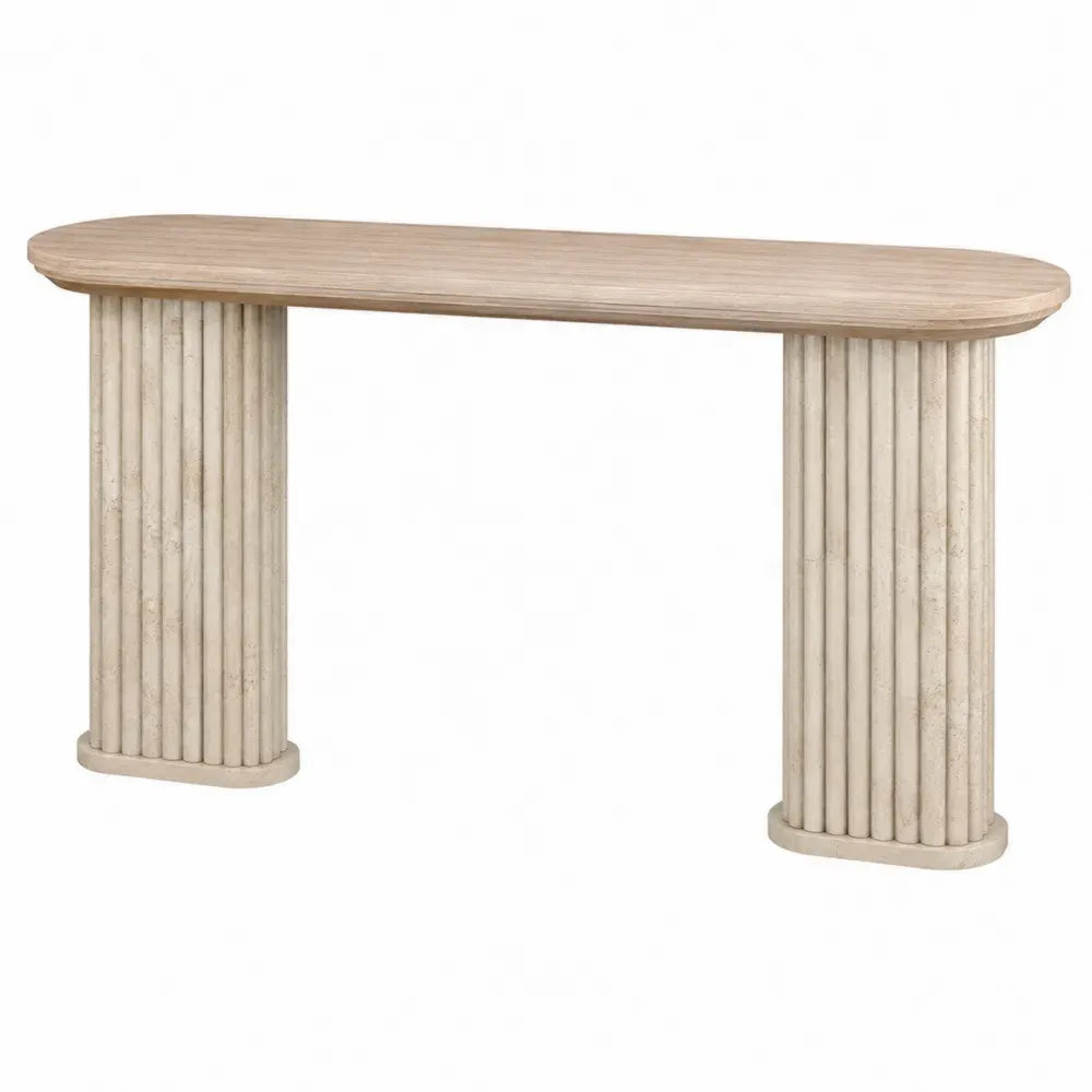 Mesa consola con tablero ovalado de MDF efecto madera clara y columnas estriadas beige efecto piedra 120 x 35 x 80 cm