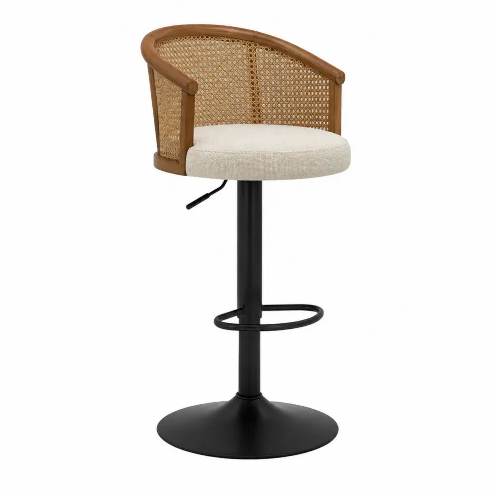 Taburete de bar giratorio regulable con respaldo de ratán asiento tapizado beige estructura de acero negro con reposapiés 45 cm ancho 45 cm profundidad 95 cm alto