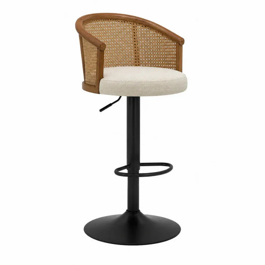 Taburete de bar giratorio regulable con respaldo de ratán asiento tapizado beige estructura de acero negro con reposapiés 45 cm ancho 45 cm profundidad 95 cm alto