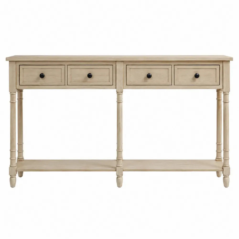 Mesa consola de madera natural con 4 cajones y estante inferior estructura de madera 140 cm x 35 cm x 80 cm aprox Color madera clara